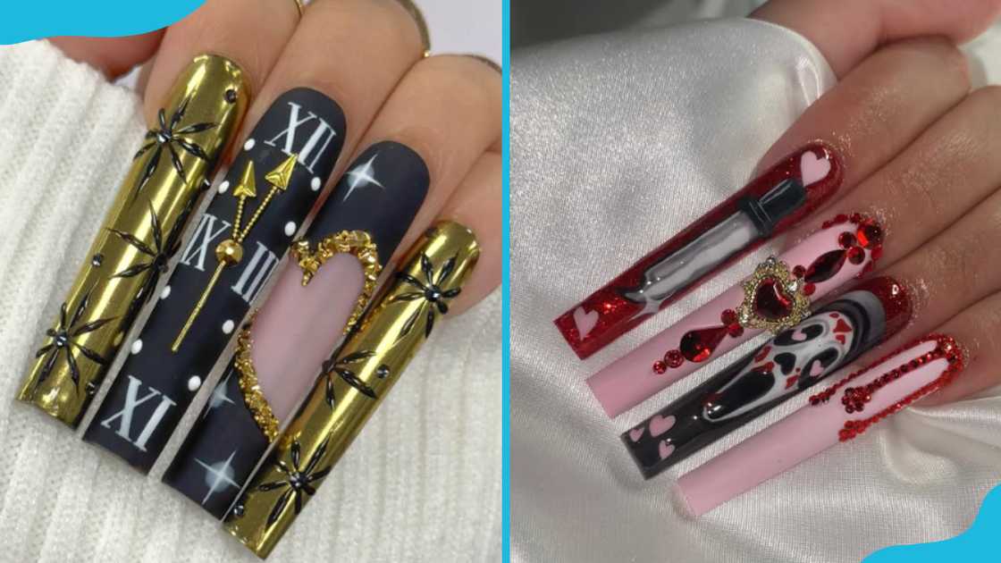 Long coffin nails with abstract art Long coffin nails with abstract art