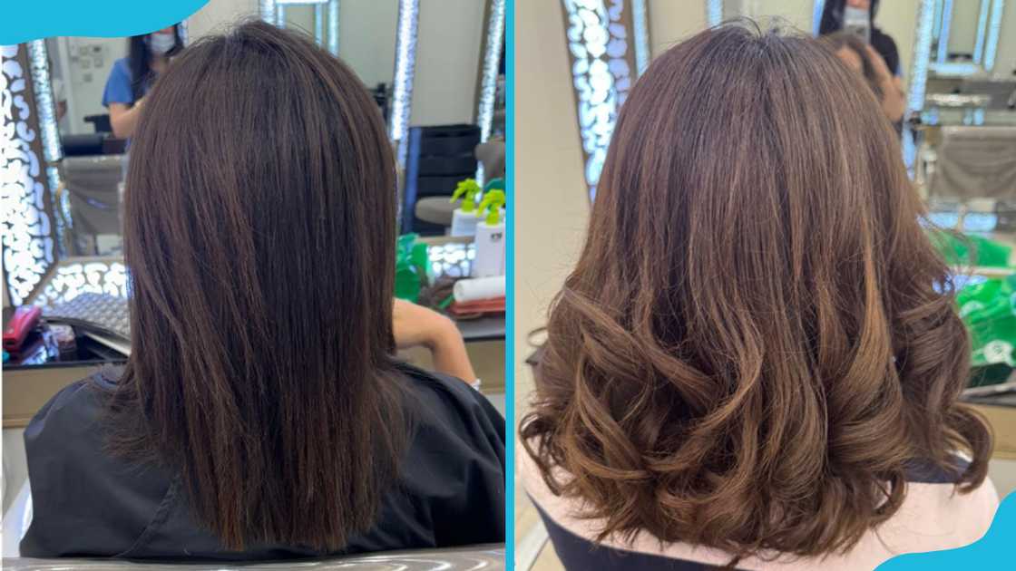 Women showing before and after hair lowlights results