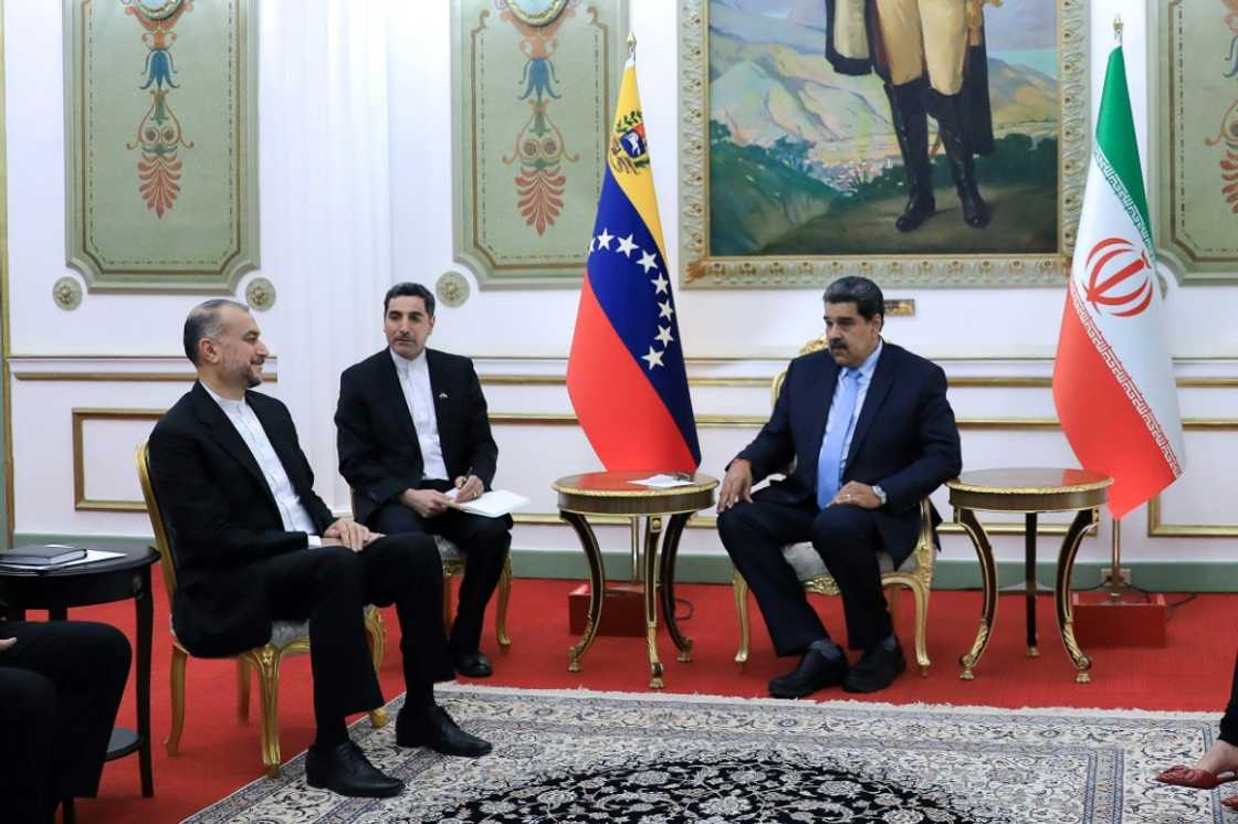 Venezuelan President Nicolas Maduro (R) meets with Iranian Foreign Minister Hossein Amir-Abdollahian (L) at the presidential palace in Caracas on February 3, 2023 Venezuelan President Nicolas Maduro (R) meets with Iranian Foreign Minister Hossein Amir-Abdollahian (L) at the presidential palace in Caracas on February 3, 2023