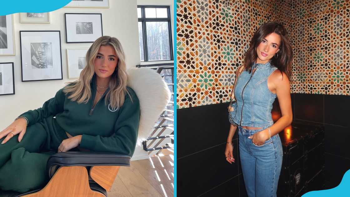 Lilia Schneider sits on a cosy seat (L). Lilia poses in a room (R) Lilia Schneider sits on a cosy seat (L). Lilia poses in a room (R)