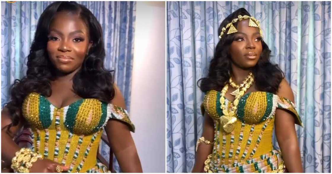 2023 Wedding Dresses: Ghanaian Bride Looks Ethereal In Elegant Short Corseted Kente Dress For Lavish Wedding