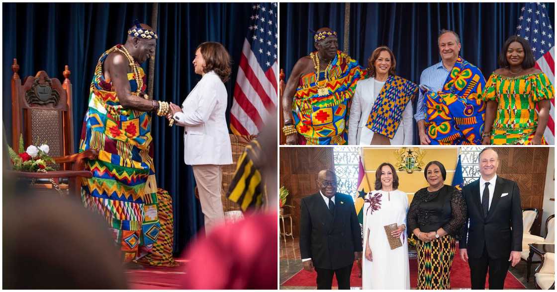 Vice President Kamala Harris Stuns In Kente As They Pose With Osabarima Kwesi Atta II In Ghana Vice President Kamala Harris Stuns In Kente As They Pose With Osabarima Kwesi Atta II In Ghana