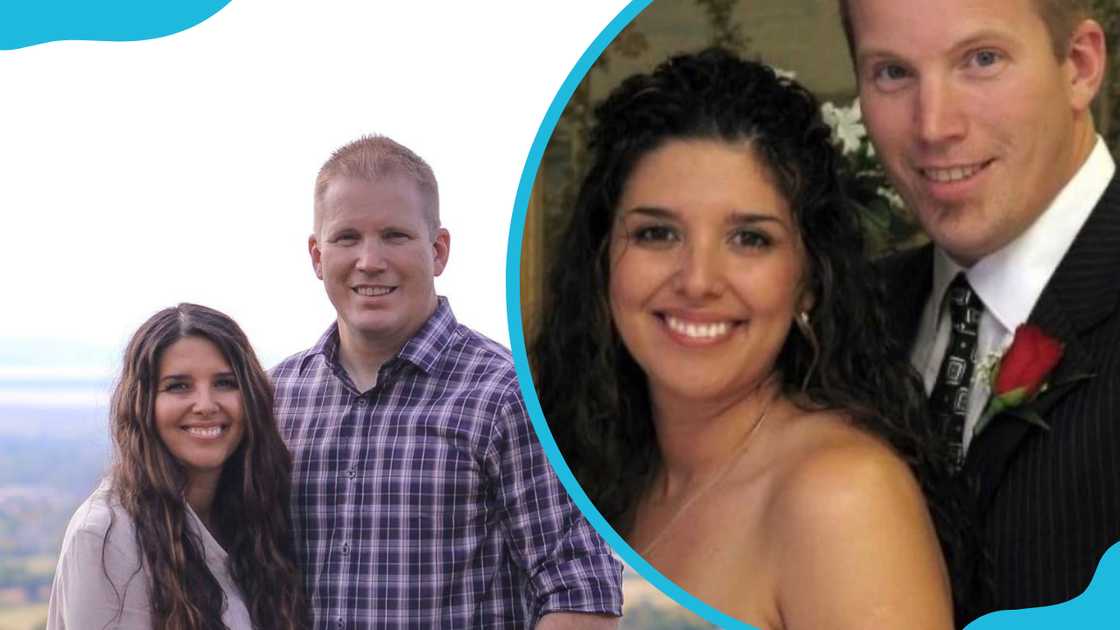 Kris and Gaila Elmer posing next to each other outdoors and on their wedding day