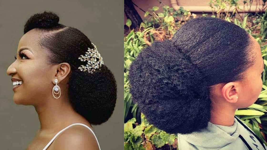 A lady in a Low bun Kinky Afro A lady in a Low bun Kinky Afro