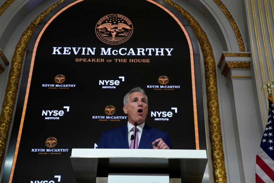 US House Speaker Kevin McCarthy delivers a speech on the econony at the New York Stock Exchange (NYSE) in New York US House Speaker Kevin McCarthy delivers a speech on the econony at the New York Stock Exchange (NYSE) in New York