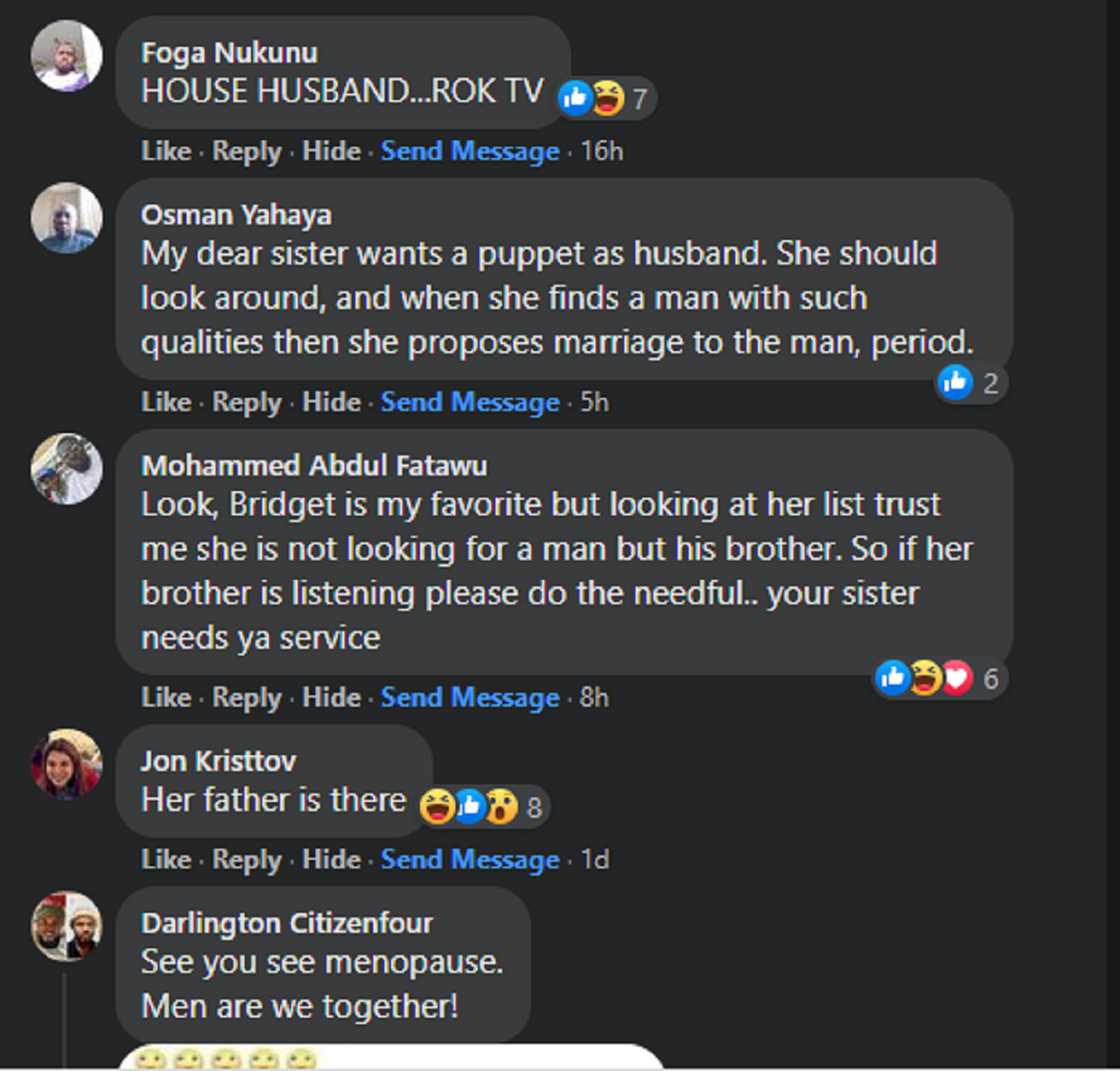 Comments on post of Bridget Otoo Saying she will Marry man who can cook and Clean Comments on post of Bridget Otoo Saying she will Marry man who can cook and Clean