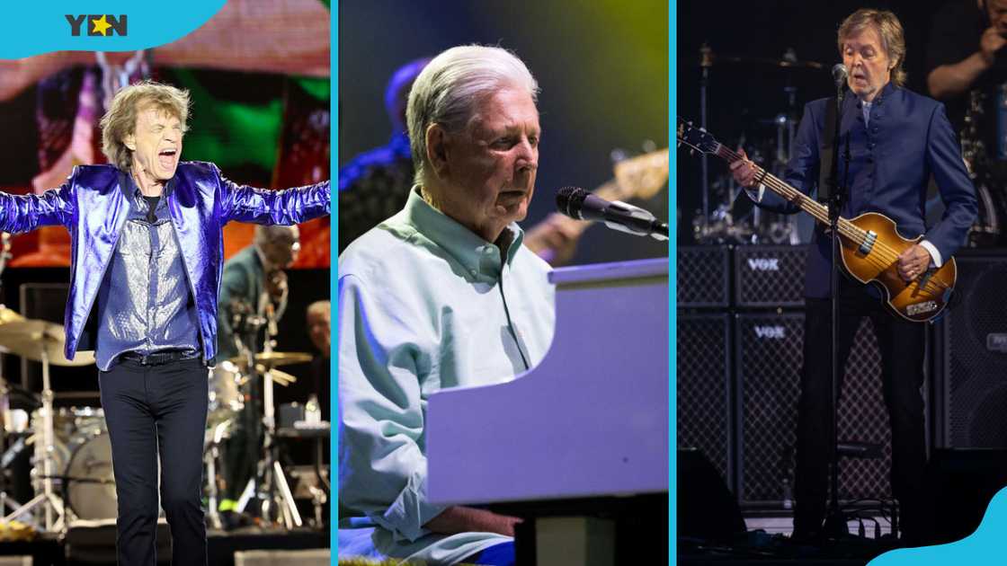 Mick Jagger in a blue coat, Brian Wilson on the piano, and Paul McCartney playing guitar Mick Jagger in a blue coat, Brian Wilson on the piano, and Paul McCartney playing guitar