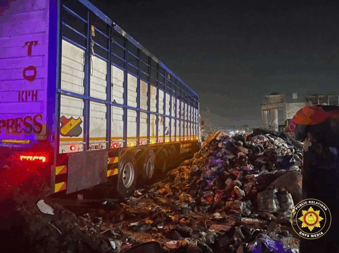 cargo truck, ghana, buduburam, ghana truck, fire outbreak, illegal substance in trucks