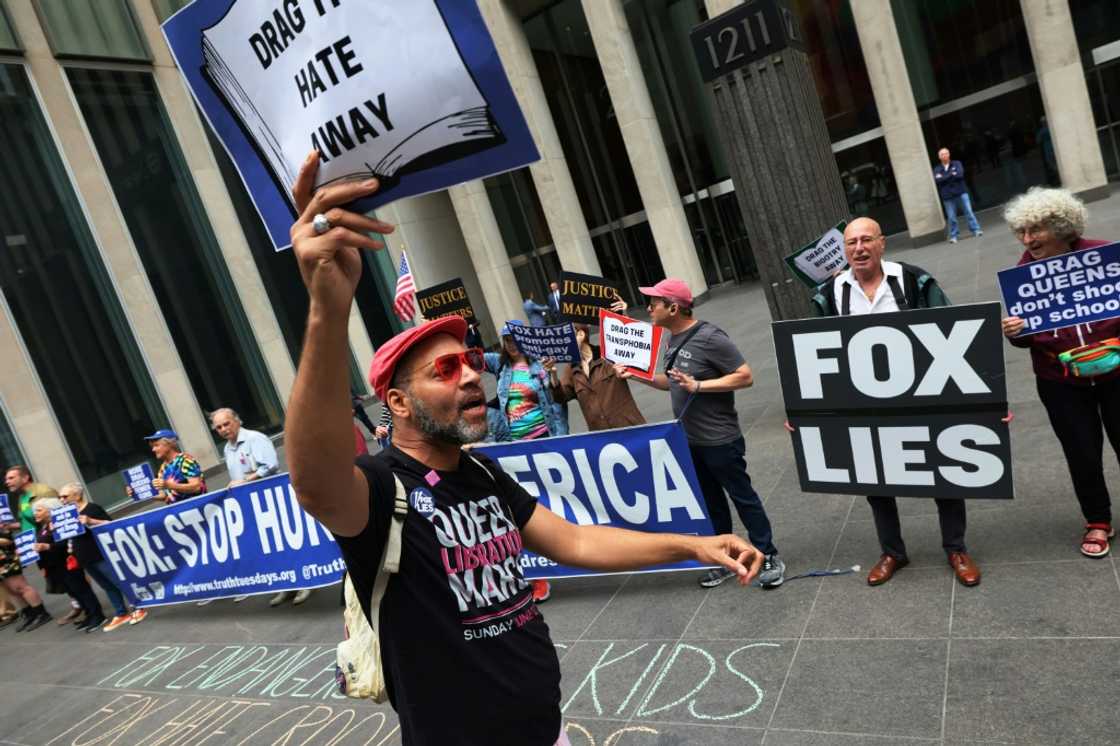 New York protestors demonstrating against Fox News's alleged anti-LGBTQ coverage New York protestors demonstrating against Fox News's alleged anti-LGBTQ coverage