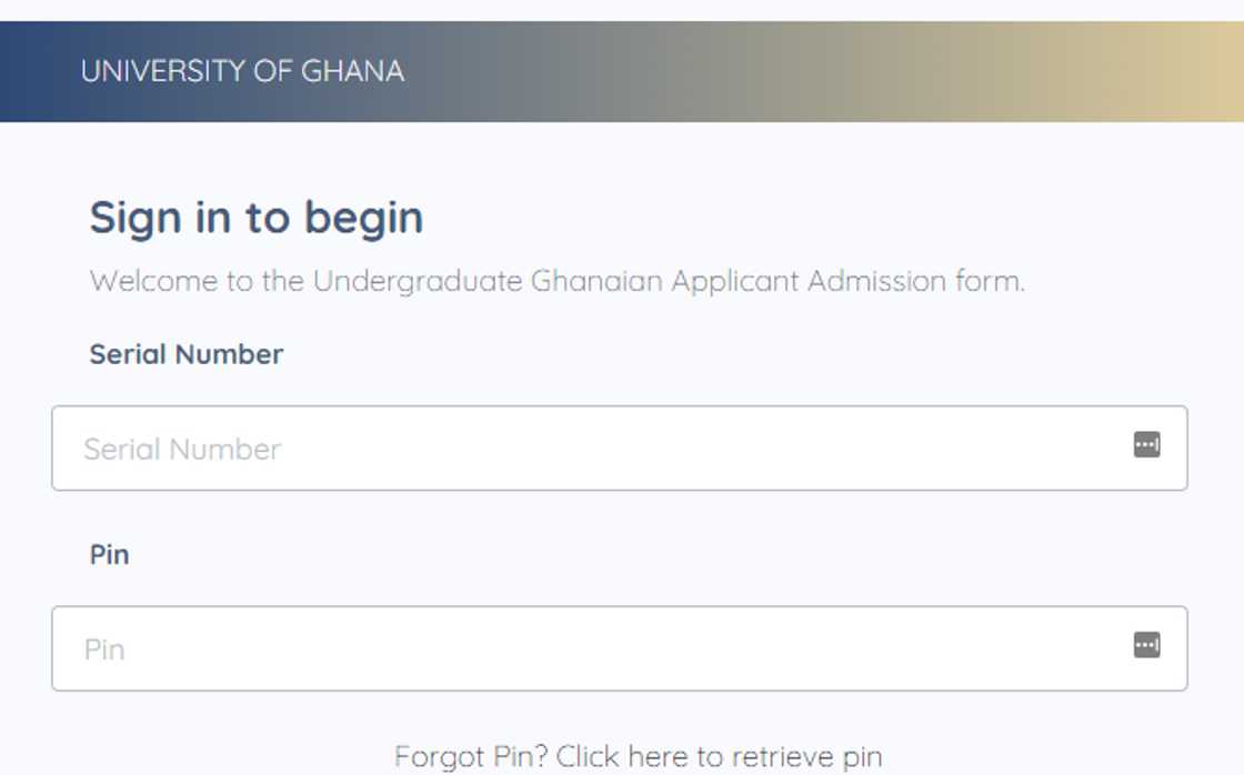 The University of Ghana application portal homepage