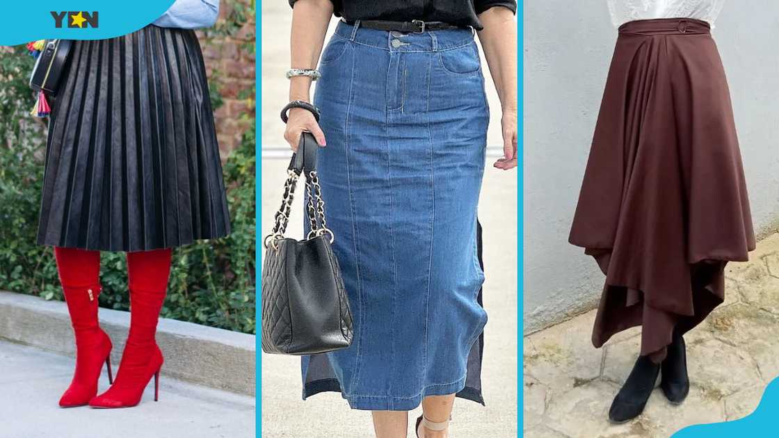 Types of skirts; pleated skirt (L), denim skirt, and handkerchief skirt (R)