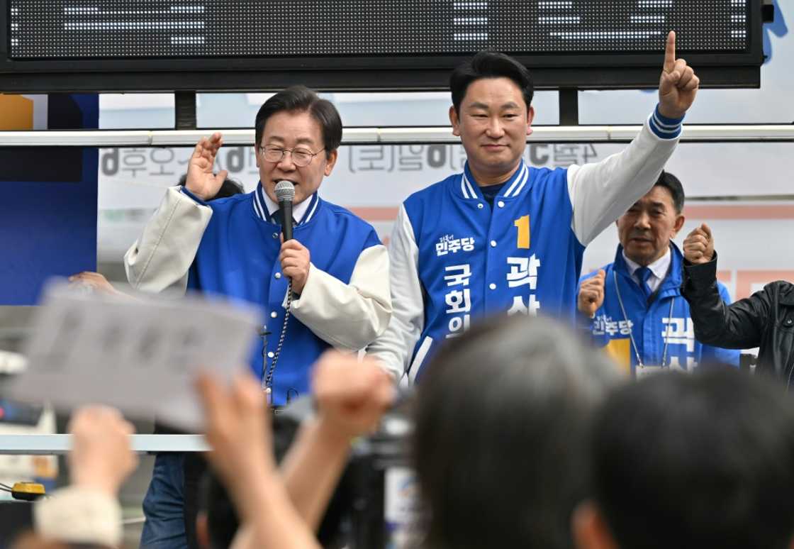 South Korea's main opposition Democratic Party leader Lee Jae-myung addresses supporters before parliamentary elections on Wednesday South Korea's main opposition Democratic Party leader Lee Jae-myung addresses supporters before parliamentary elections on Wednesday