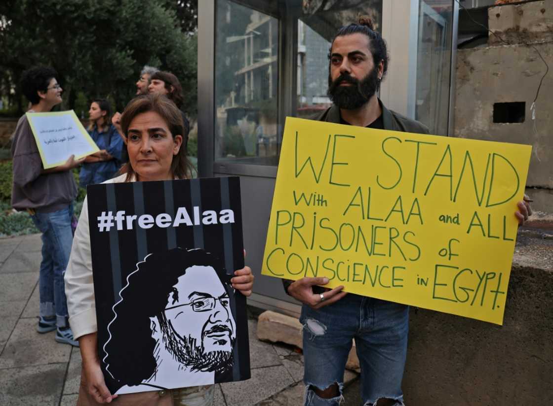 Protesters gathered near the British embassy in the Lebanese capital Beirut to demand Abdel Fattah's release