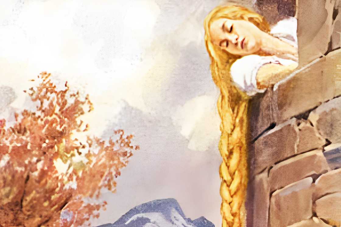 Rapunzel is shown leaning out of a tower window Rapunzel is shown leaning out of a tower window