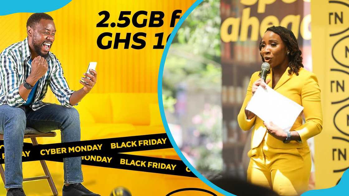 MTN advert and a woman speaking during an MTN workshop MTN advert and a woman speaking during an MTN workshop
