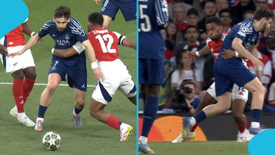 Khvicha Kvaratskhelia, Jurrien Timber, PSG, Arsenal, UEFA Champions League. Khvicha Kvaratskhelia, Jurrien Timber, PSG, Arsenal, UEFA Champions League.