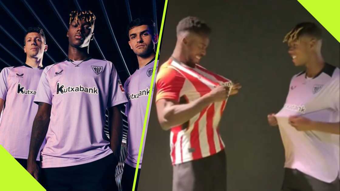 Inaki WIlliams and Nico Williams advertise new Athletic Bilbao jerseys.