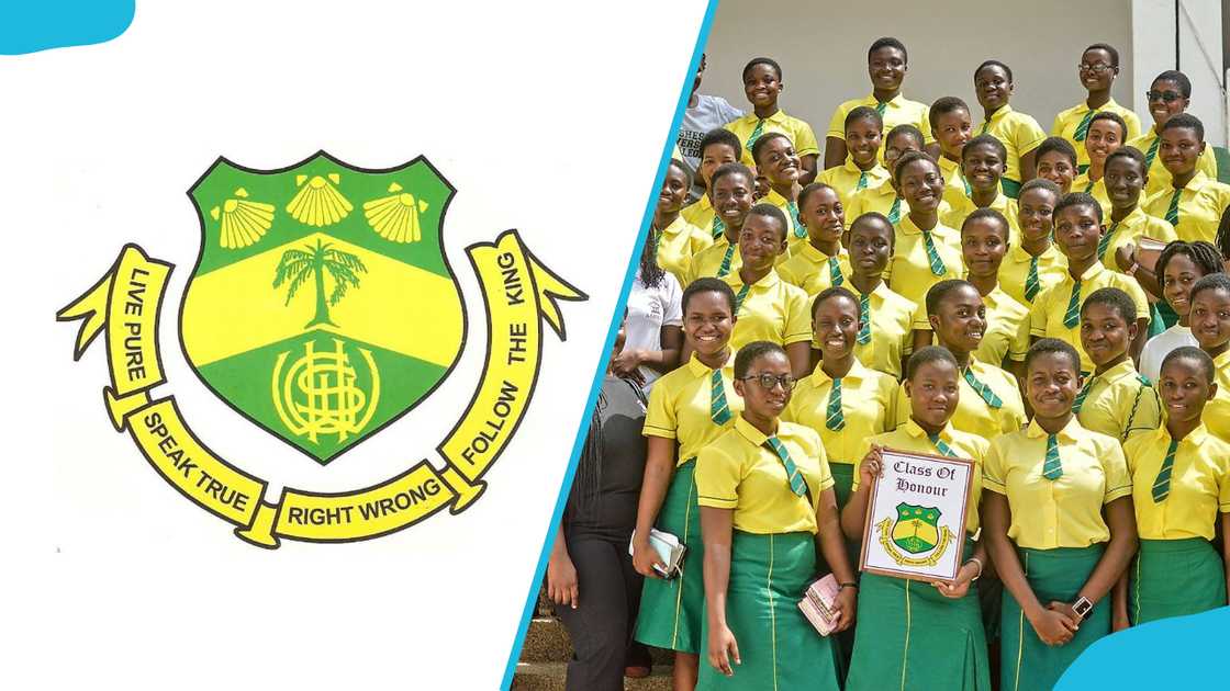 Wesley Girls High School's logo (L). The Wesley Girls High School students (R). Wesley Girls High School's logo (L). The Wesley Girls High School students (R).