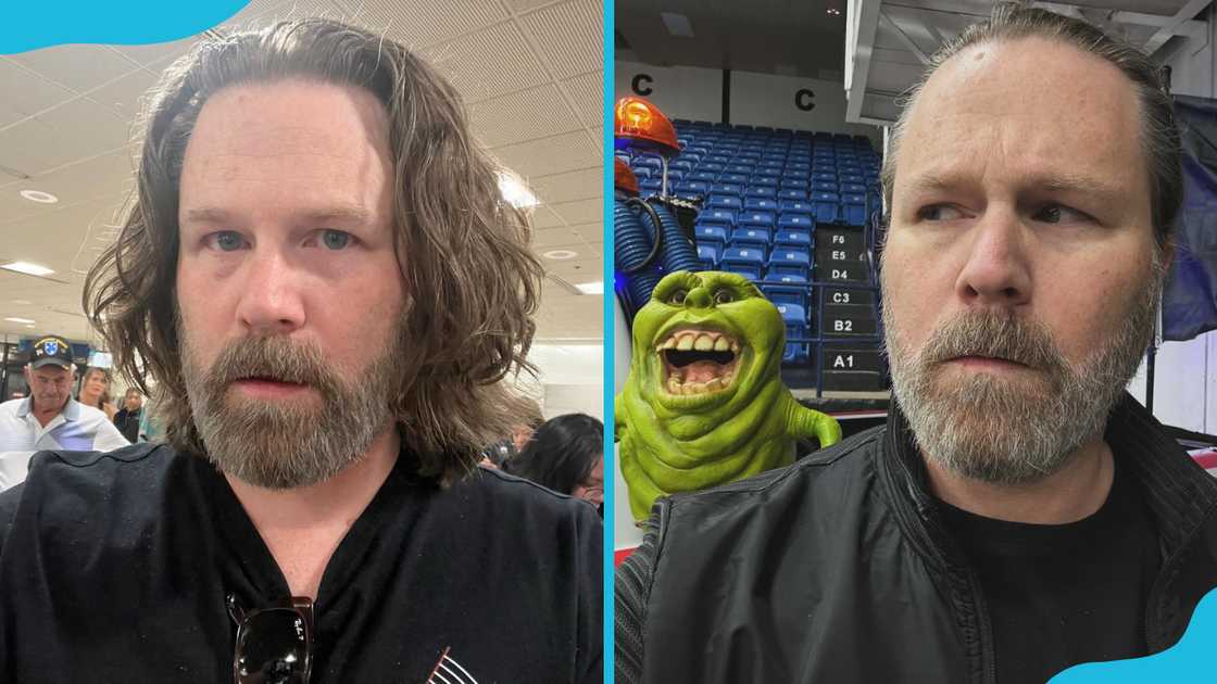 Eric Vale takes a selfie in a waiting room (L). He is facing away (R). Eric Vale takes a selfie in a waiting room (L). He is facing away (R).