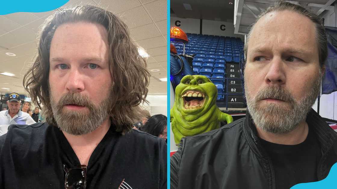 Eric Vale takes a selfie in a waiting room (L). He is facing away (R).