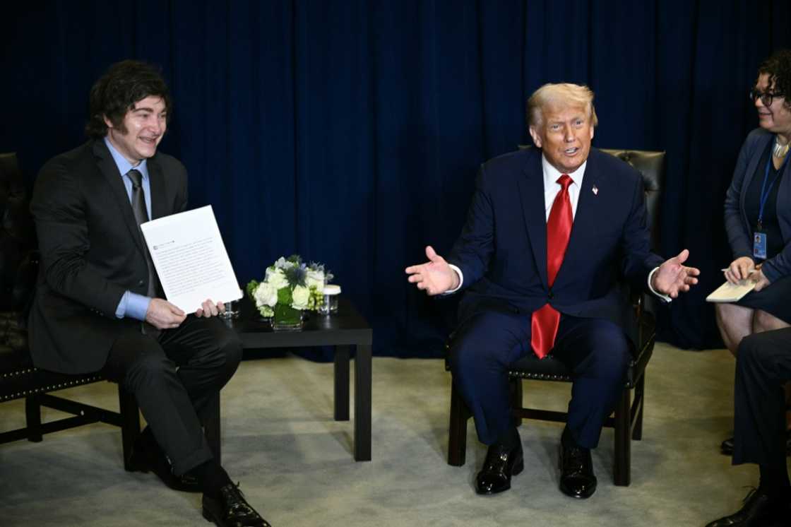 US President Donald Trump (seated R) holds a bilateral meeting with Argentinian President Javier Milei (L) on the sidelines of the United Nations General Assembly in New York City US President Donald Trump (seated R) holds a bilateral meeting with Argentinian President Javier Milei (L) on the sidelines of the United Nations General Assembly in New York City