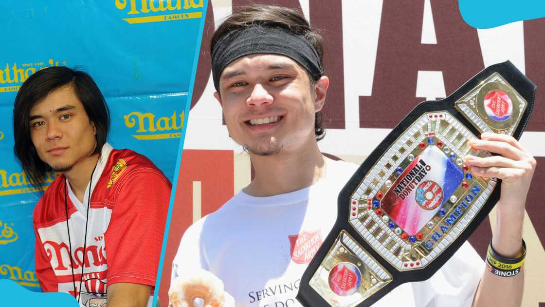 Matt Stonie at the Nathans Famous International Hot Dog Eating Contest and with a belt after winning the donut eating contest at The Salvation Army.