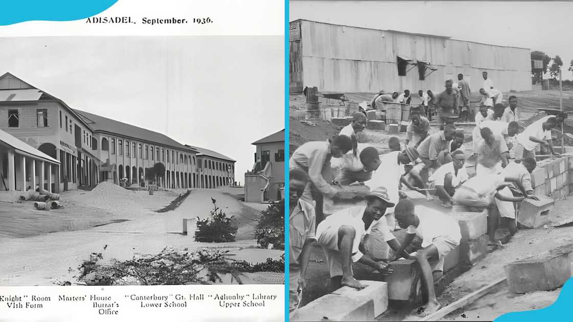 Adisadel College in 1936 (L), and students during its construction (R) Adisadel College in 1936 (L), and students during its construction (R)