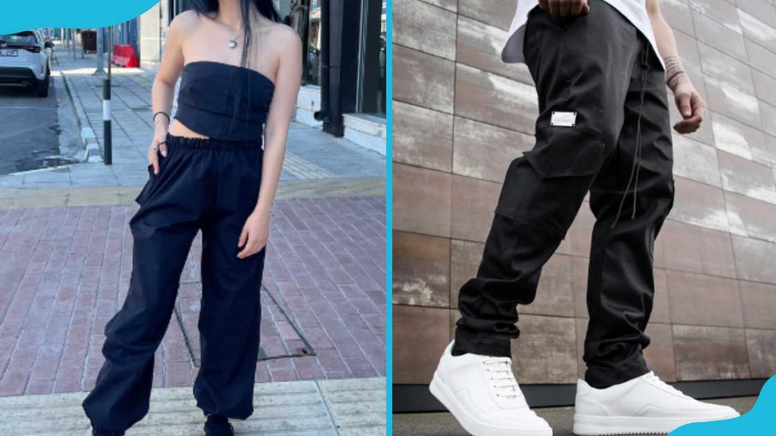 A woman (L) and a man (R) in black cargo pants A woman (L) and a man (R) in black cargo pants