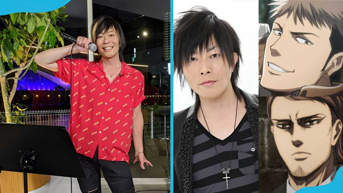 Kishō Taniyama in a red shirt and holding a mic (L); Kisho with some of the characters he voices (R). Kishō Taniyama in a red shirt and holding a mic (L); Kisho with some of the characters he voices (R).