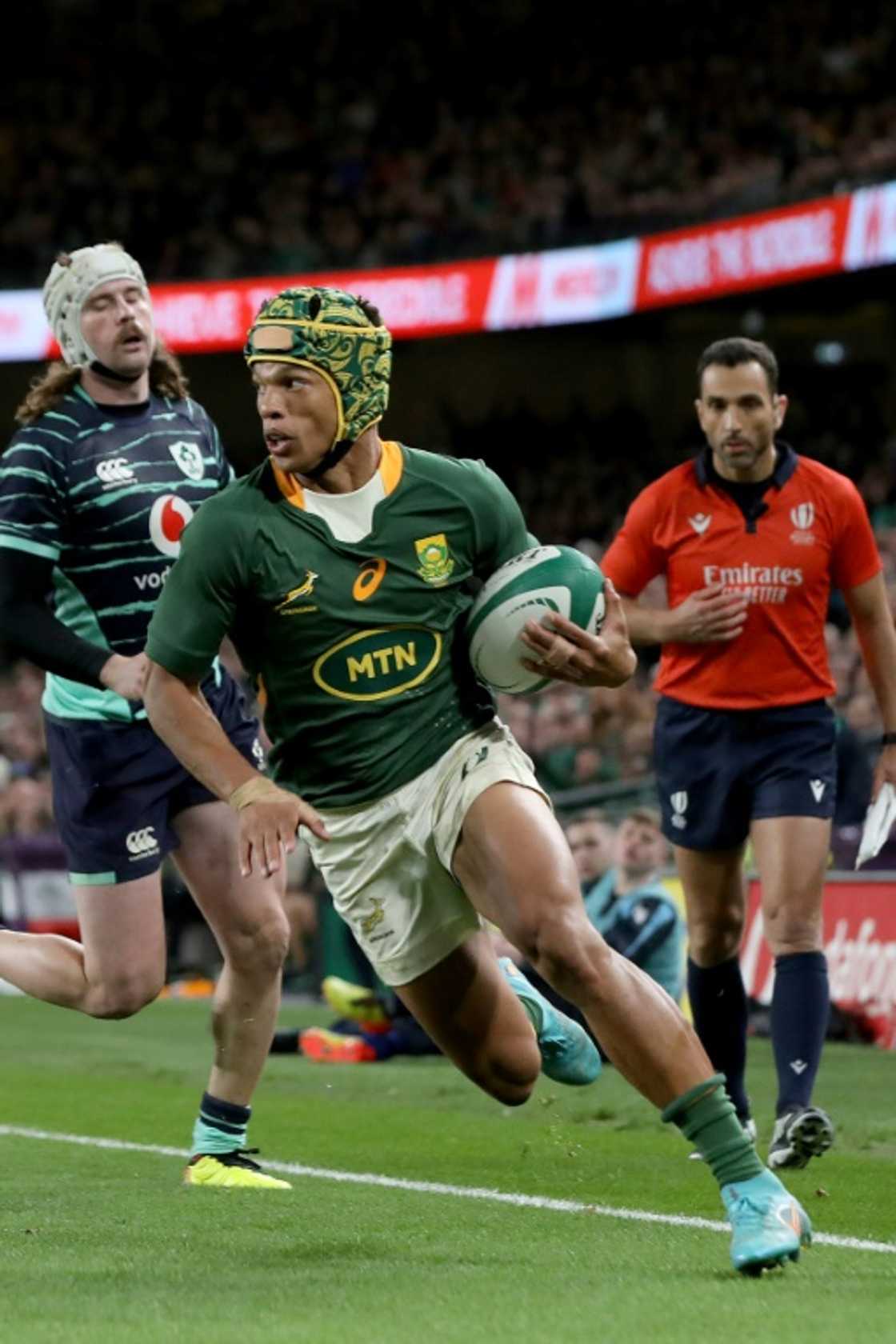 Kurt-Lee Arendse scored a late try for South Africa but it was not enough to save the Boks from defeat against Ireland in Dublin Kurt-Lee Arendse scored a late try for South Africa but it was not enough to save the Boks from defeat against Ireland in Dublin