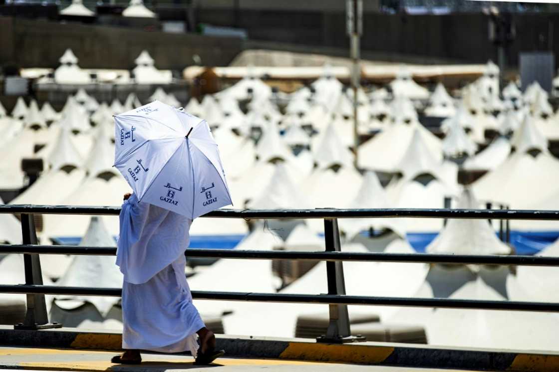 A Muslim pilgrim walks with an umbrella at the camp in Mina A Muslim pilgrim walks with an umbrella at the camp in Mina