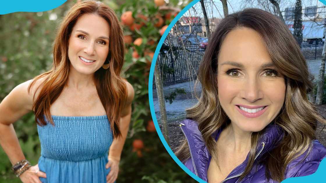 Shiri Spear in a blue strapless dress and a purple jacket. Shiri Spear in a blue strapless dress and a purple jacket.