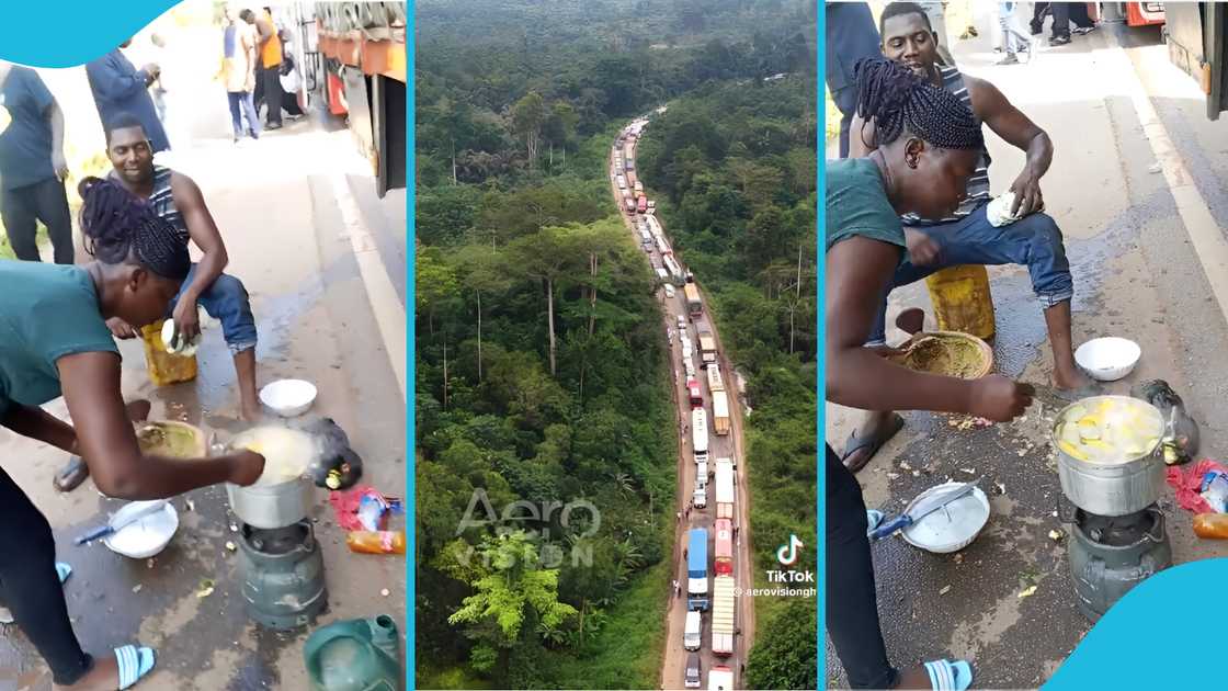 Accra-Kumasi highway, Gridlock, Heavy traffic, Road users, Cooking by the roadside, Ampesie, Plantain and stew, New Year's Day. Accra-Kumasi highway, Gridlock, Heavy traffic, Road users, Cooking by the roadside, Ampesie, Plantain and stew, New Year's Day.