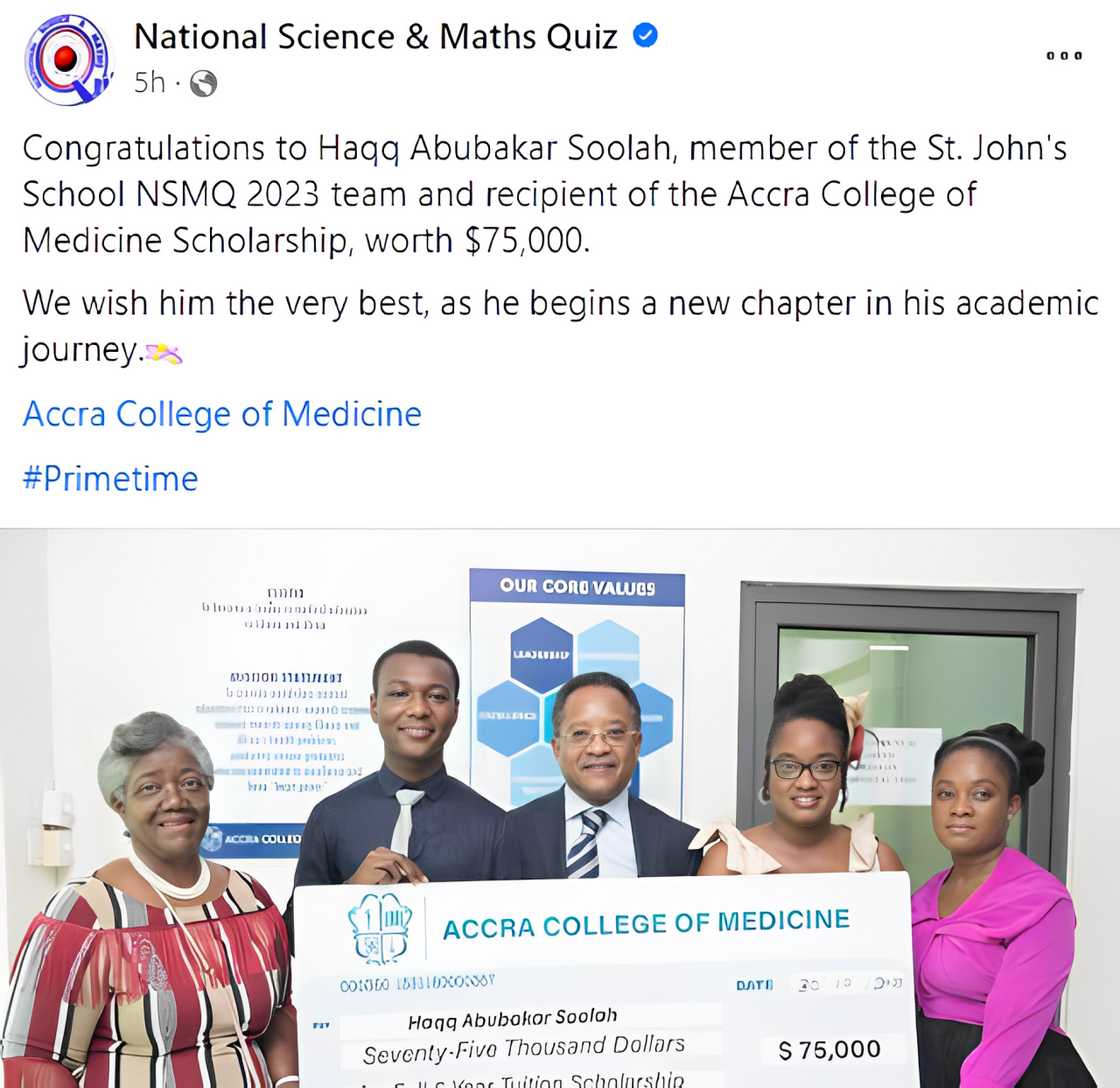 NSMQ 2023: St John's School star gets over GH¢1M full scholarship to study medicine NSMQ 2023: St John's School star gets over GH¢1M full scholarship to study medicine