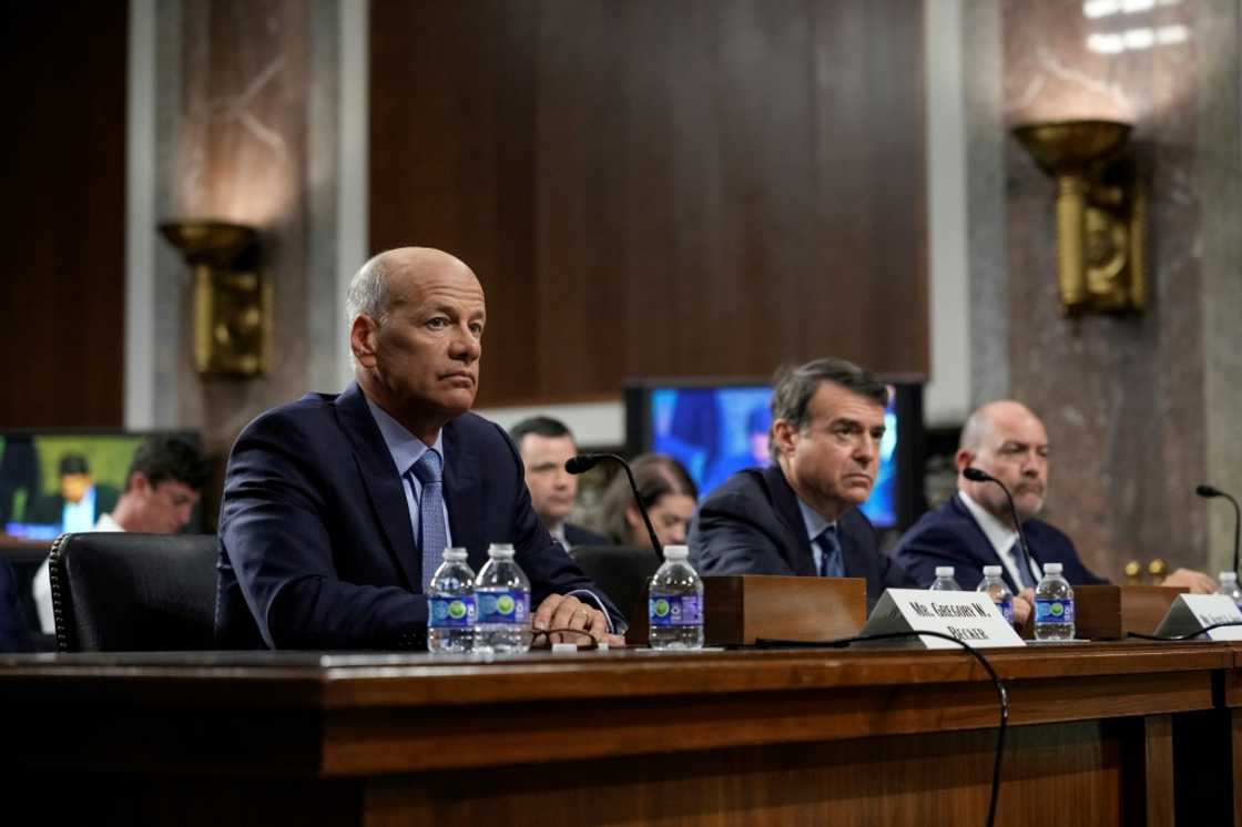 (L-R) Former CEO of Silicon Valley Bank Gregory Becker, former chairman of Signature Bank Scott Shay and former president of Signature Bank Eric Howell testify during a Senate Banking Committee hearing on May 16, 2023, in Washington (L-R) Former CEO of Silicon Valley Bank Gregory Becker, former chairman of Signature Bank Scott Shay and former president of Signature Bank Eric Howell testify during a Senate Banking Committee hearing on May 16, 2023, in Washington