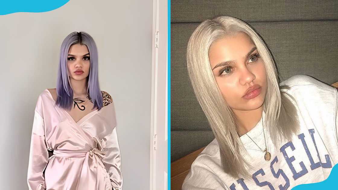 Amina Blue stands next to a door (L). She sits on a wooden space (R) Amina Blue stands next to a door (L). She sits on a wooden space (R)