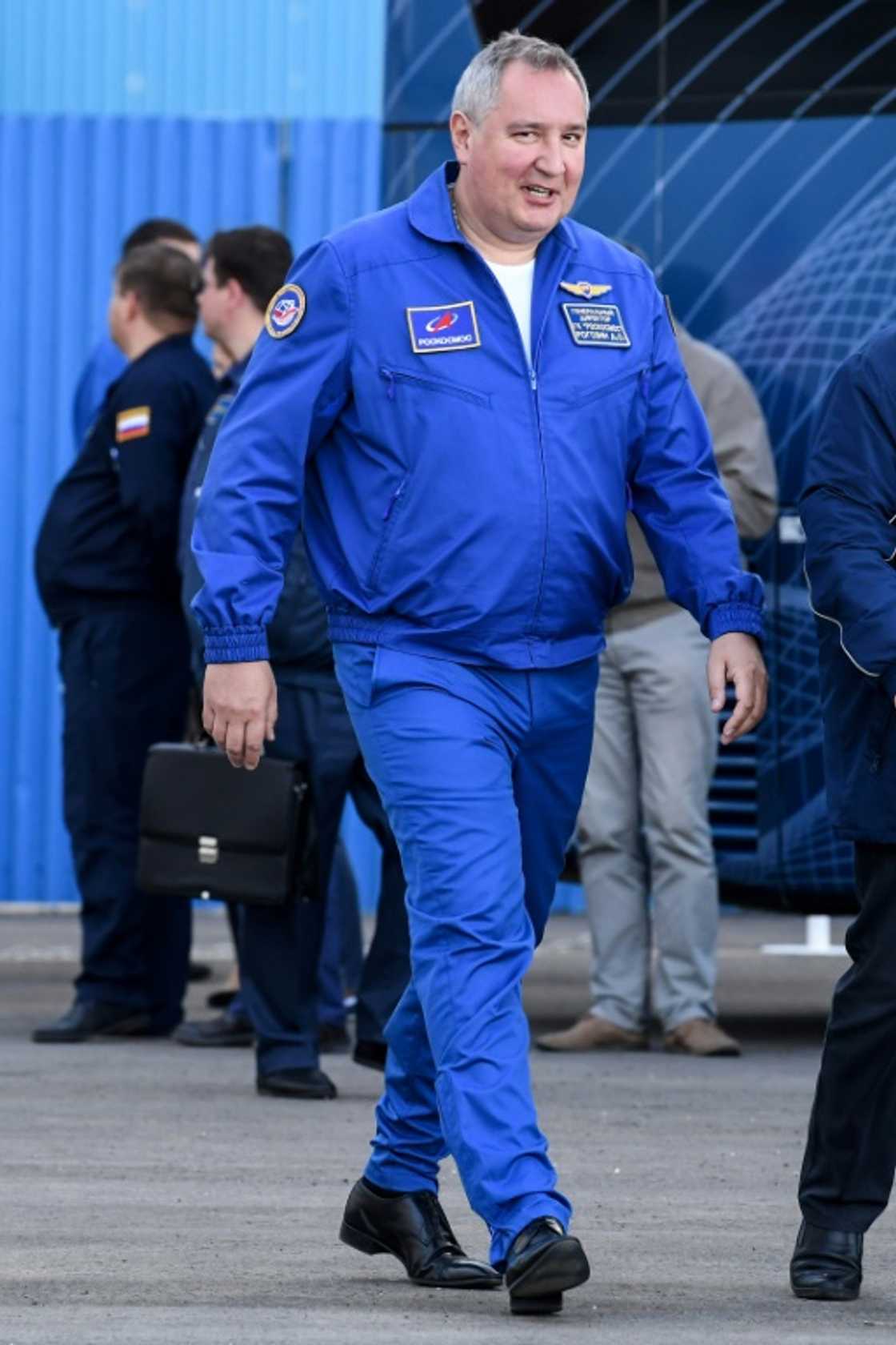 Russian space agency Roscosmos head Dmitry Rogozin walks prior to the launch of the Soyuz MS-10 spacecraft in Kazakhstan in October 2018 Russian space agency Roscosmos head Dmitry Rogozin walks prior to the launch of the Soyuz MS-10 spacecraft in Kazakhstan in October 2018