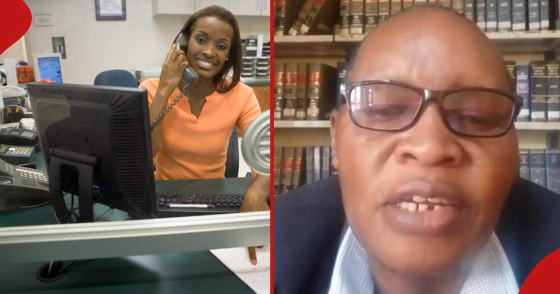 Left frame: A focused secretary multitasks at her desk with a phone call and computer work. Right frame: Obarimo, a Kenyan law and career expert. Left frame: A focused secretary multitasks at her desk with a phone call and computer work. Right frame: Obarimo, a Kenyan law and career expert.