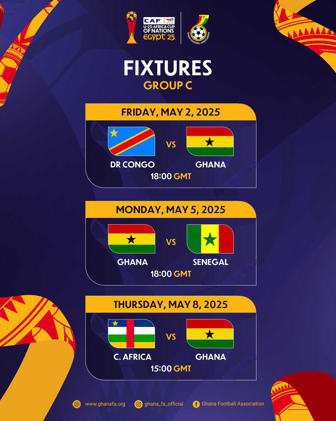 Ghana U20 Black Satellites' 2025 CAF U20 AFCON full tiurnament schedule in Egypt