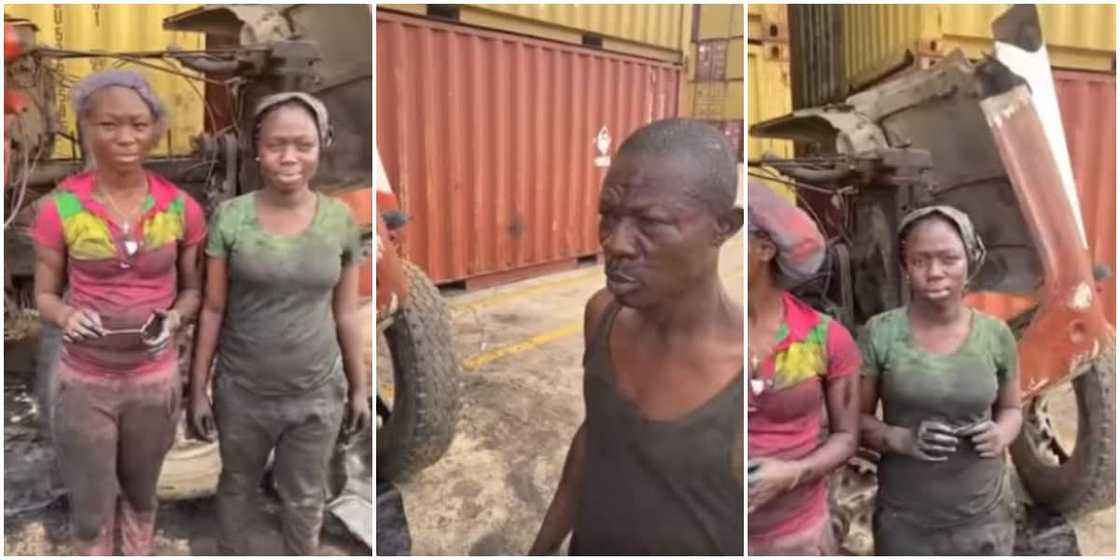 Two young Nigerian girls spotted in video helping their dad fix heavy truck Two young Nigerian girls spotted in video helping their dad fix heavy truck