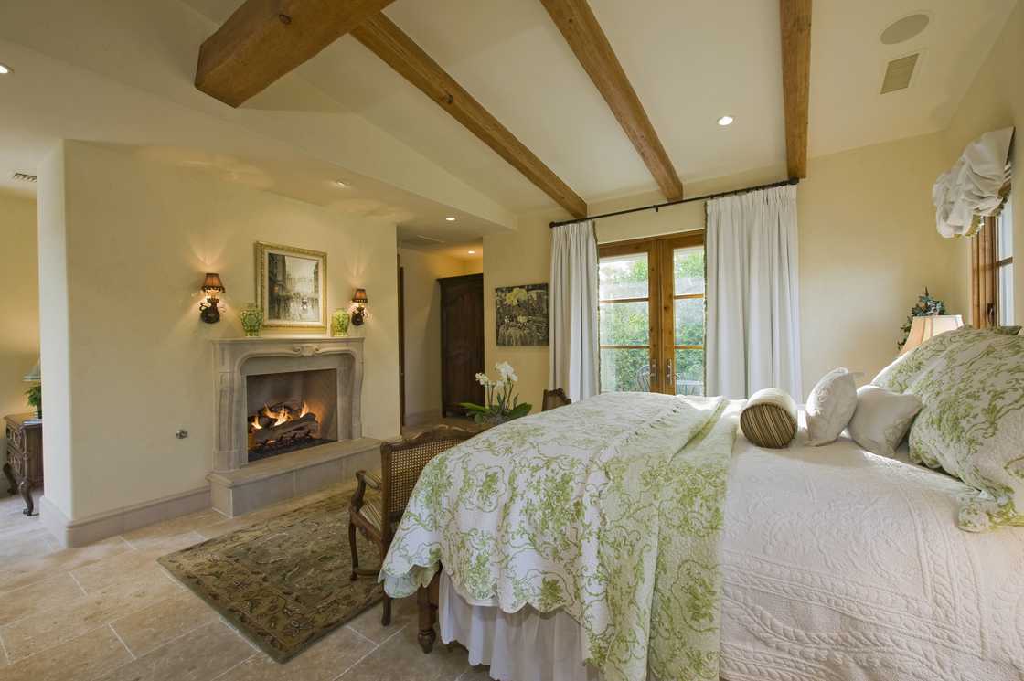 View of a bedroom with fireplace