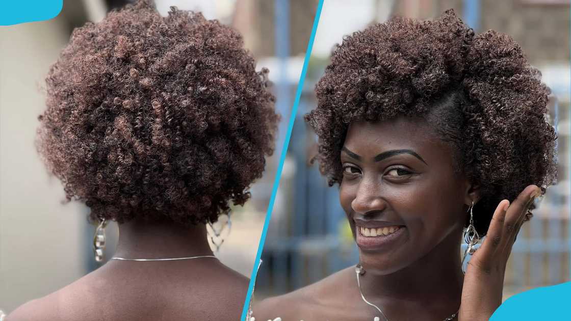 A lady looking happy in Brunette kinky hair A lady looking happy in Brunette kinky hair