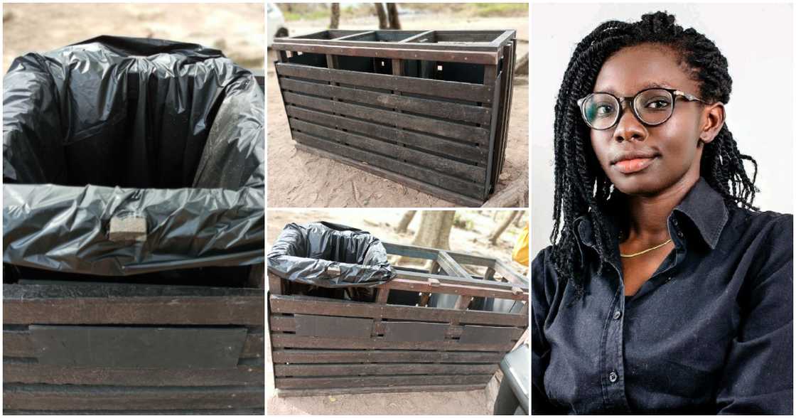 Ghanaian female artisan builds triple-compartment waste bin using recycled plastic and plywood.