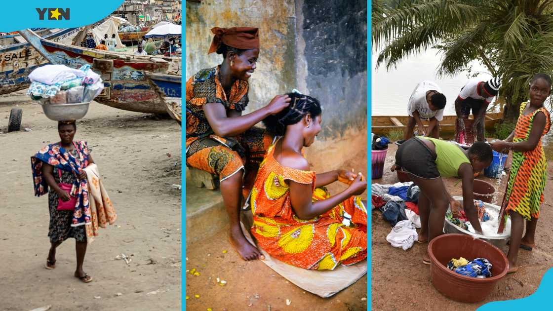 A Ghanaian woman selling clothes (L), a lady braiding another's hair (C), and Ghanaian girls washing clothes (R) A Ghanaian woman selling clothes (L), a lady braiding another's hair (C), and Ghanaian girls washing clothes (R)