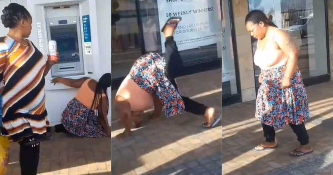 Women somersaults to use ATM, capitec ATM, woman uses capitec ATM, women lines up for atm