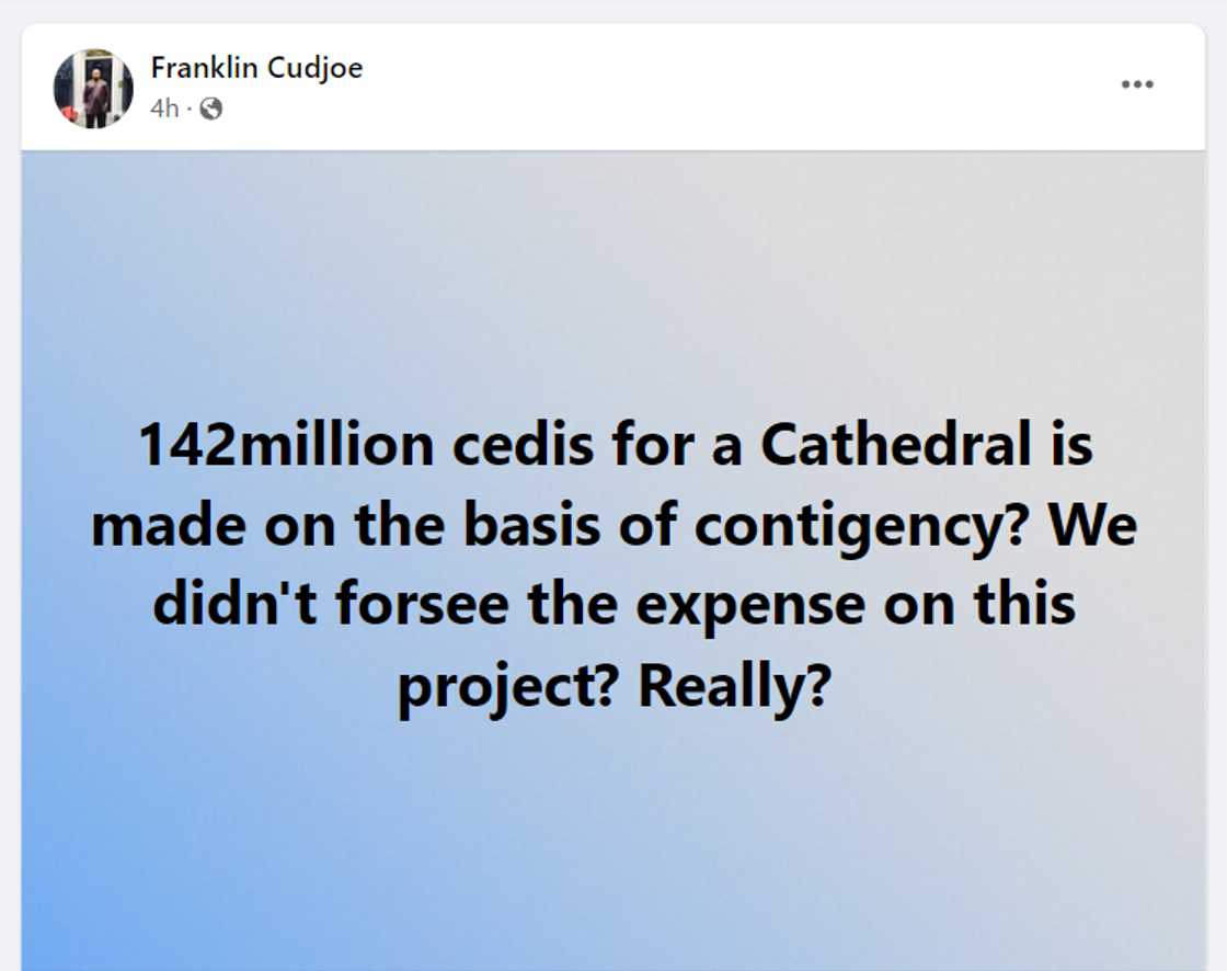 Franklin Cudjoe thinks it is strange for the cathedral project to defined as a 'contingency' Franklin Cudjoe thinks it is strange for the cathedral project to defined as a 'contingency'