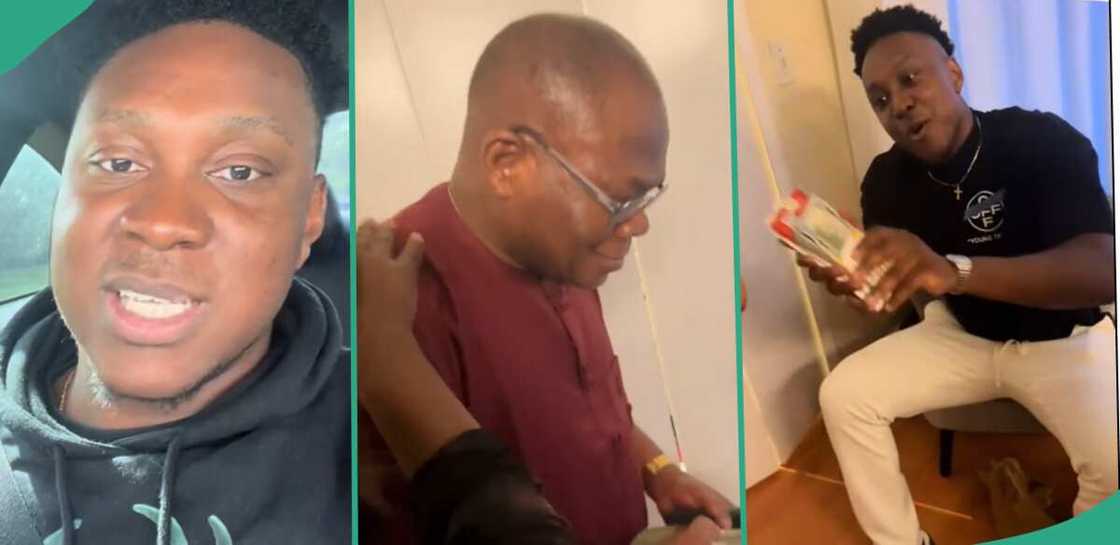 Man gives his father $20,000 cash. Man gives his father $20,000 cash.