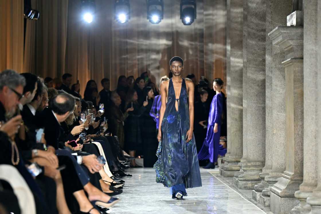 Models walked under the historic portico of the Pinacoteca di Brera gallery