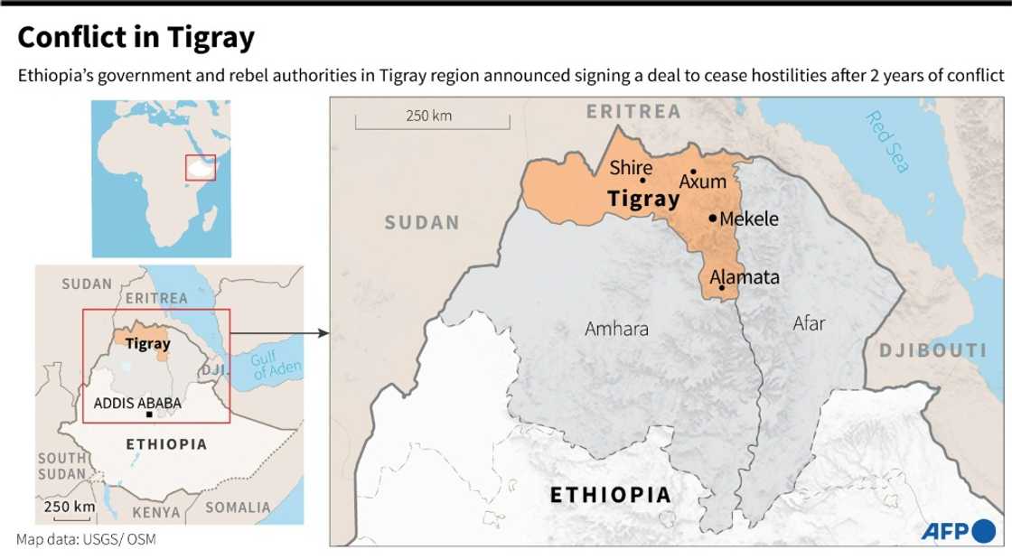 Map locating Tigray region and neighbouring Afar and Amhara in Ethiopia