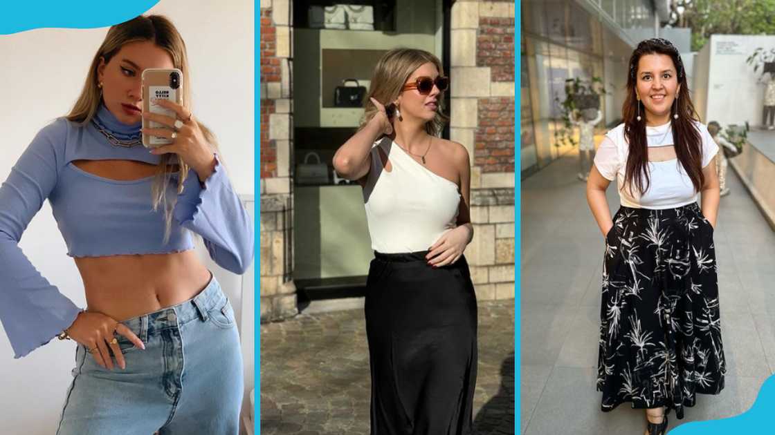 Different women in blue, cream, and white cut-out tops. Different women in blue, cream, and white cut-out tops.